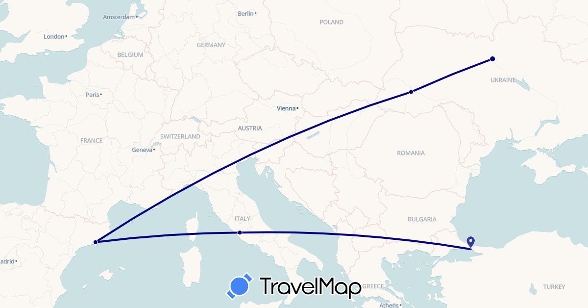 TravelMap itinerary: driving in Spain, Italy, Turkey, Ukraine (Asia, Europe)
